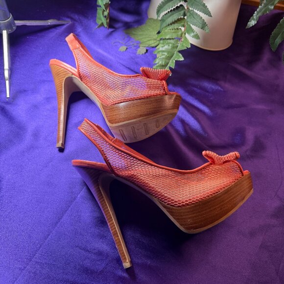 📌Michael  Fishnet Slingback 5.5" High Hell Sandals with Platform an Bow 9.5 M - Picture 8 of 16